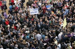 Nick Clegg speaks to a crowd of around 1000 at De Montfort  University, Leicester